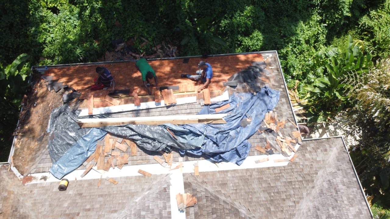 Roof Re-Shingling Crew On Site — Equip Pro JA project in Jamaica